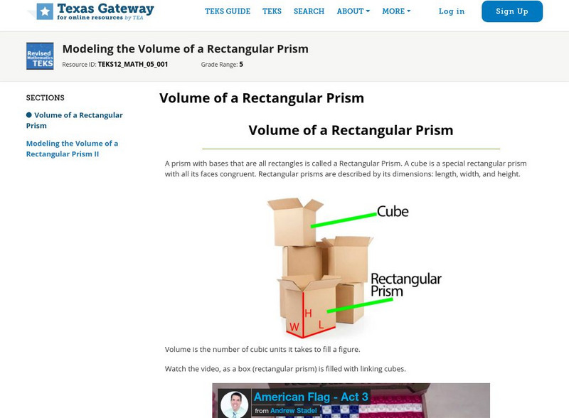 Texas Gateway: Modeling the Volume of a Rectangular Prism Unit Plan