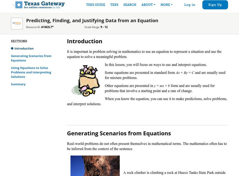 Texas Gateway: Predicting, Finding, and Justifying Data From an Equation Unit Plan Texas Gateway: Predicting, Finding, and Justifying Data From an Equation Unit Plan