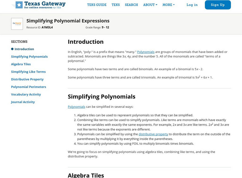 Texas Gateway: Simplifying Polynomial Expressions Unit Plan Texas Gateway: Simplifying Polynomial Expressions Unit Plan
