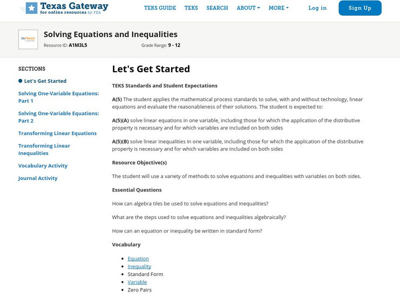 Texas Gateway: Solving Equations and Inequalities Unit Plan Texas Gateway: Solving Equations and Inequalities Unit Plan