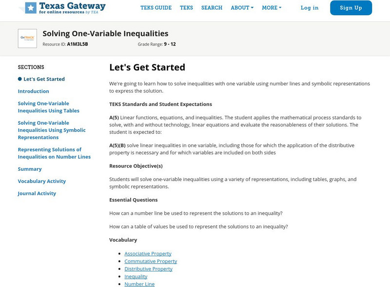 Texas Gateway: Solving One Variable Inequalities Unit Plan Texas Gateway: Solving One Variable Inequalities Unit Plan