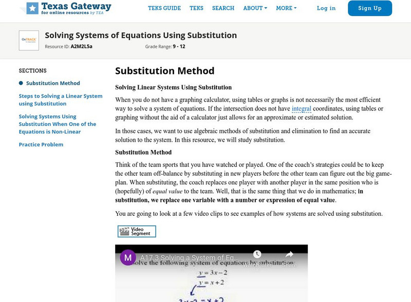 Texas Gateway: Solving Systems of Equations Using Substitution Unit Plan Texas Gateway: Solving Systems of Equations Using Substitution Unit Plan