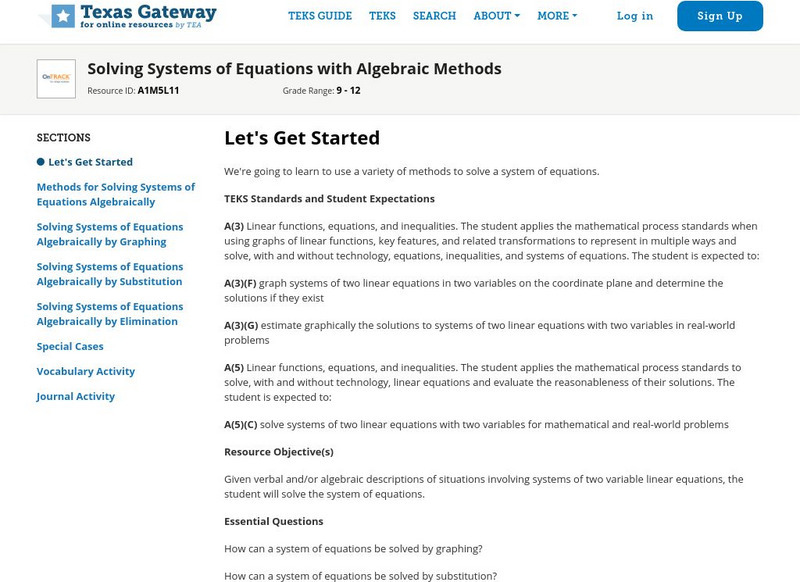 Texas Gateway: Solving Systems of Equations With Algebraic Methods Unit Plan