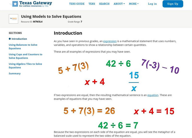 Texas Gateway: Using Models to Solve Equations Unit Plan