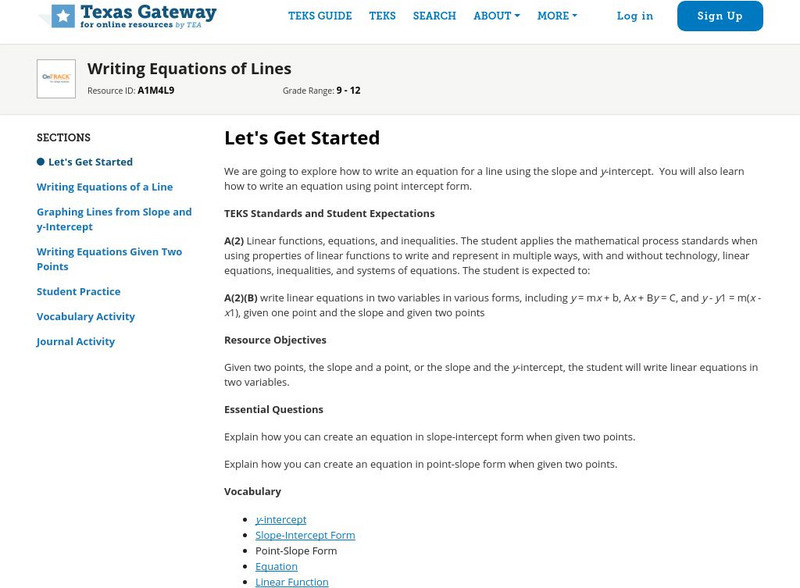 Texas Gateway: Writing Equations of Lines Unit Plan Texas Gateway: Writing Equations of Lines Unit Plan