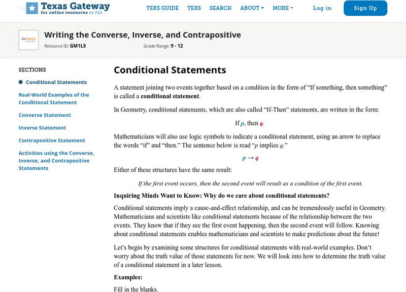 Texas Gateway: Writing the Converse, Inverse, and Contrapositive Unit Plan Texas Gateway: Writing the Converse, Inverse, and Contrapositive Unit Plan