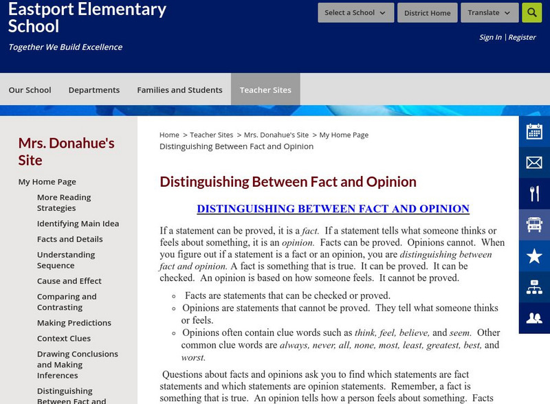 Eastport Elem. Sc.: Mrs. Donahue's Site: Distinguishing Between Fact and Opinion Handout Eastport Elem. Sc.: Mrs. Donahue's Site: Distinguishing Between Fact and Opinion Handout