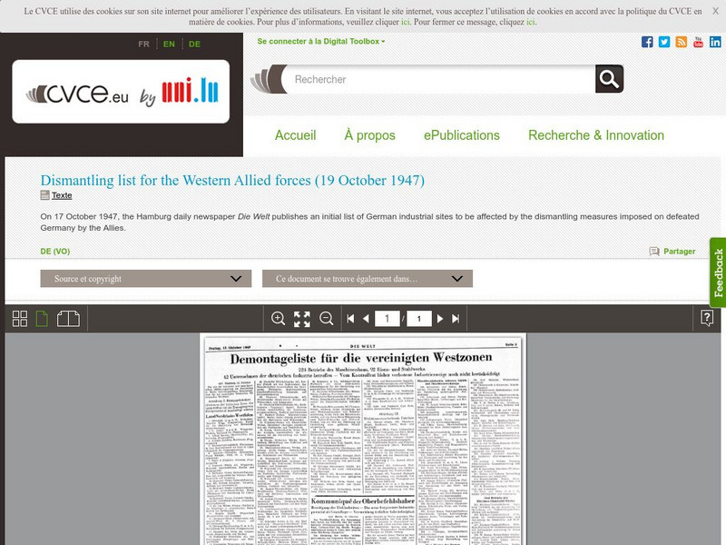 Cvce: Dismantling List for the Western Allied Forces (19 October 1947) Article