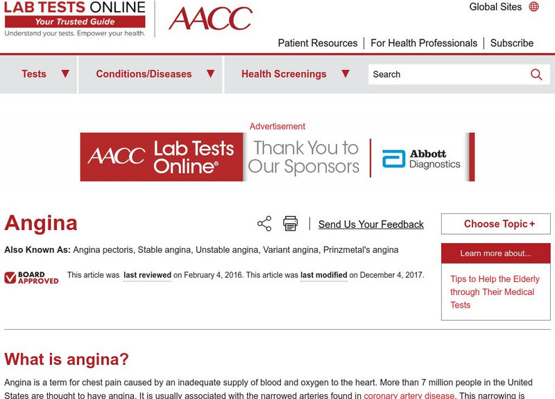 Lab Tests Online: Angina Pectoris Handout Lab Tests Online: Angina Pectoris Handout