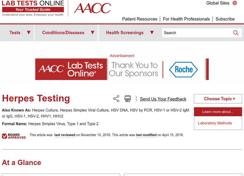 Lab Test Online Herpes Handout for 10th 12th Grade Lesson