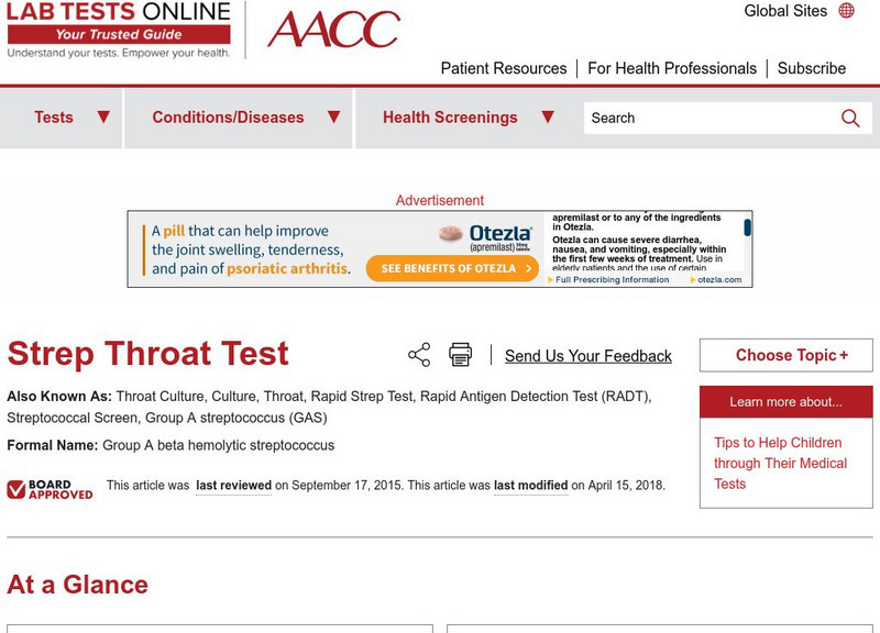 Lab Test Online: Strep Throat Handout Lab Test Online: Strep Throat Handout