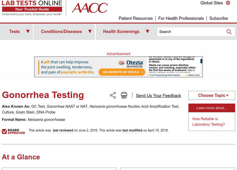 Lab Tests Online: Gonorrhea Handout Lab Tests Online: Gonorrhea Handout
