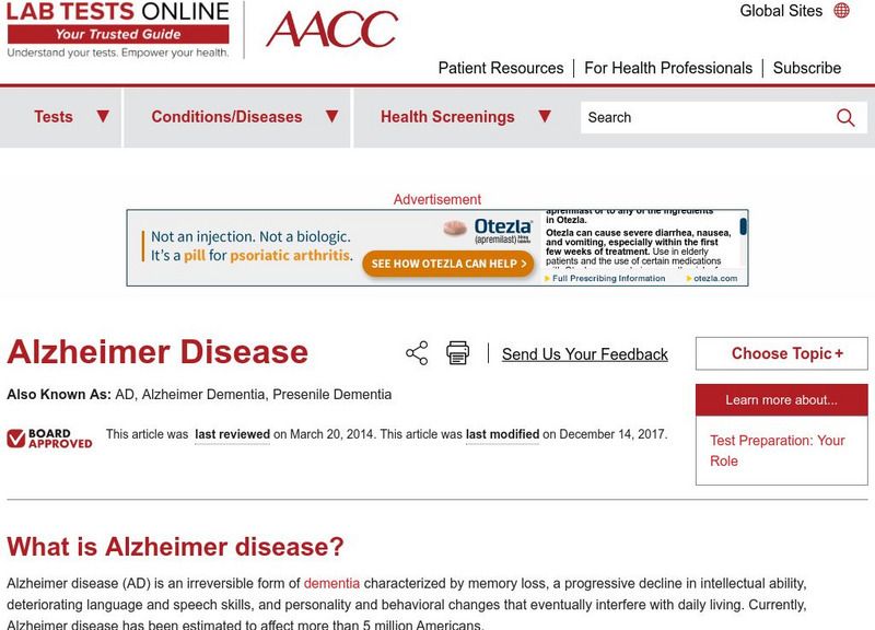 Lab Tests Online: Alzheimer's Disease Handout Lab Tests Online: Alzheimer's Disease Handout