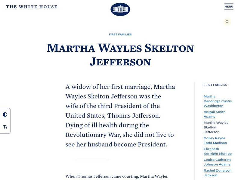 The White House: First Ladies: Martha Jefferson Handout The White House: First Ladies: Martha Jefferson Handout