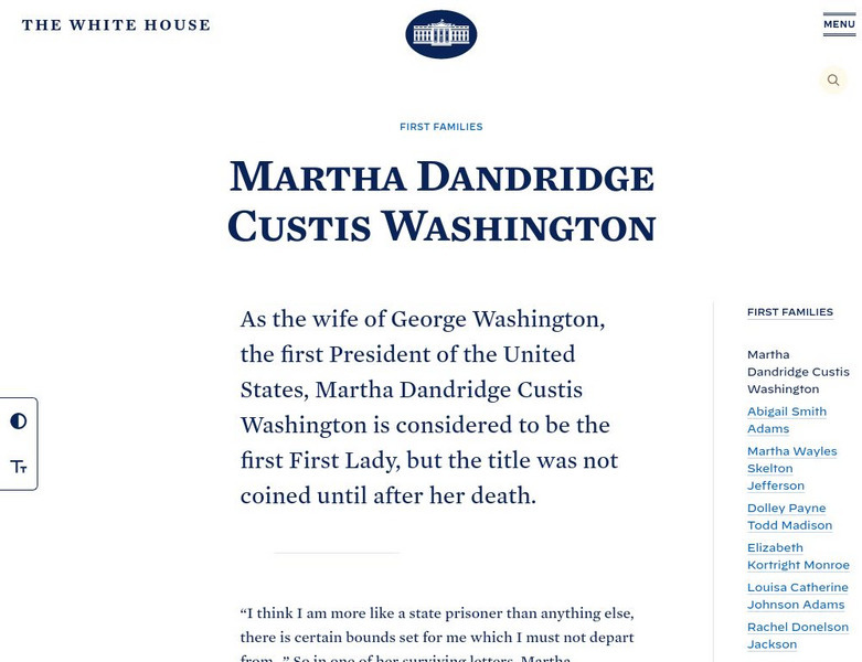 The White House: First Ladies: Martha Washington Handout The White House: First Ladies: Martha Washington Handout