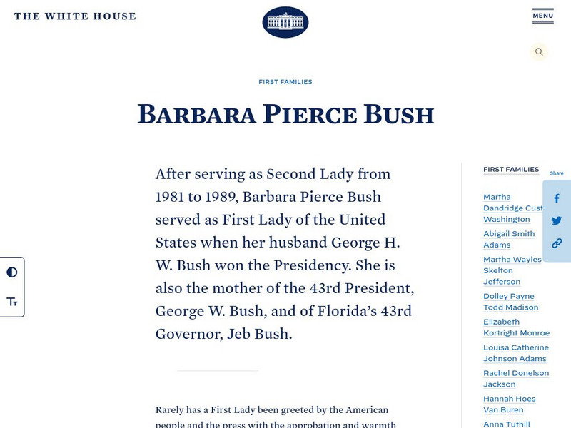 The White House: First Ladies: Barbara Bush Handout The White House: First Ladies: Barbara Bush Handout