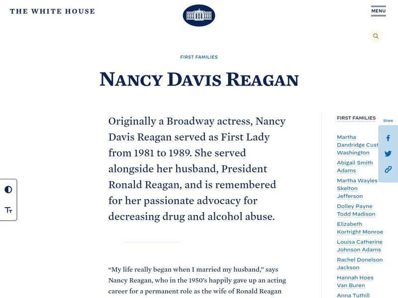 The White House: First Ladies: Nancy Reagan Handout The White House: First Ladies: Nancy Reagan Handout