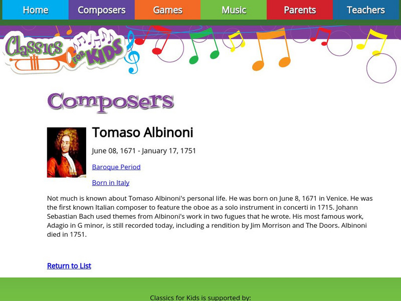 Classics for Kids: Tomaso Albinoni Handout Classics for Kids: Tomaso Albinoni Handout