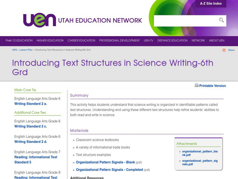 Uen: Lesson Plan: Text Structures in Science Writing Lesson Plan Uen: Lesson Plan: Text Structures in Science Writing Lesson Plan