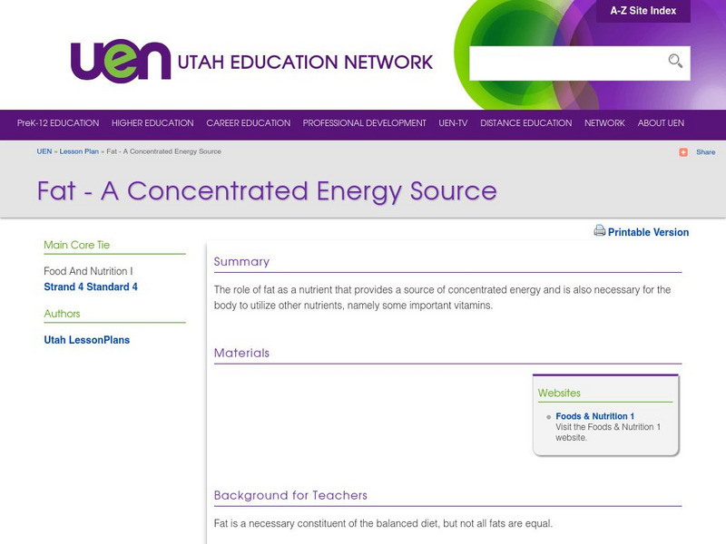 Uen: Fat a Concentrated Energy Source Lesson Plan Uen: Fat a Concentrated Energy Source Lesson Plan