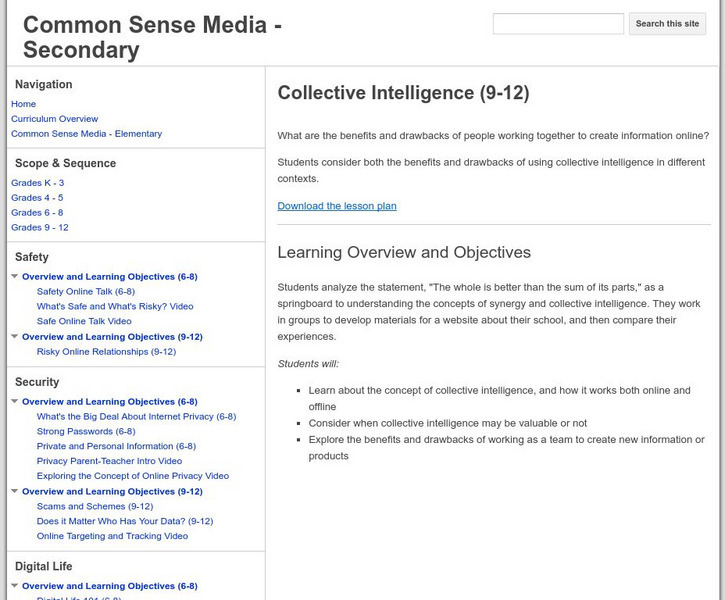 Common Sense Media: Education: Collective Intelligence (Grades 9 12) Lesson Plan Common Sense Media: Education: Collective Intelligence (Grades 9 12) Lesson Plan