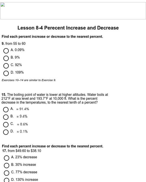 Holt, Rinehart and Winston: Homework Help Independent Practice: Percent Change Increase and Decrease eBook Holt, Rinehart and Winston: Homework Help Independent Practice: Percent Change Increase and Decrease eBook