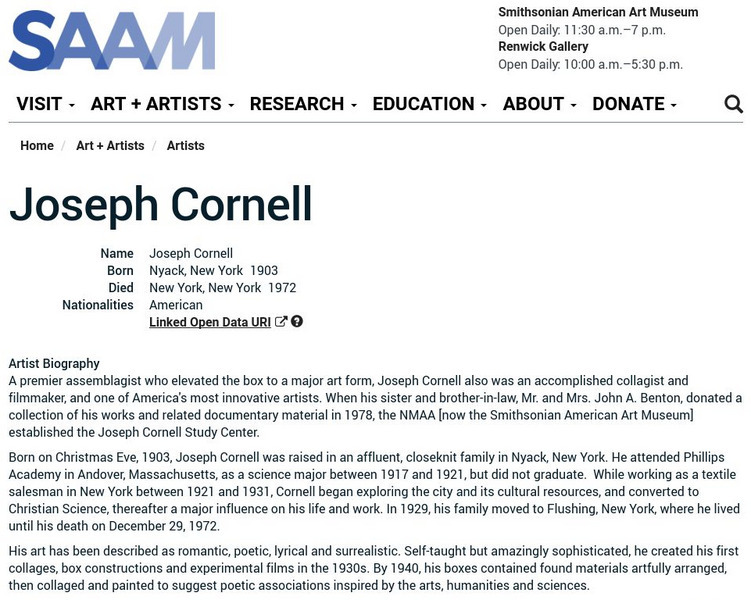 Smithsonian American Art Museum: Joseph Cornell Handout Smithsonian American Art Museum: Joseph Cornell Handout