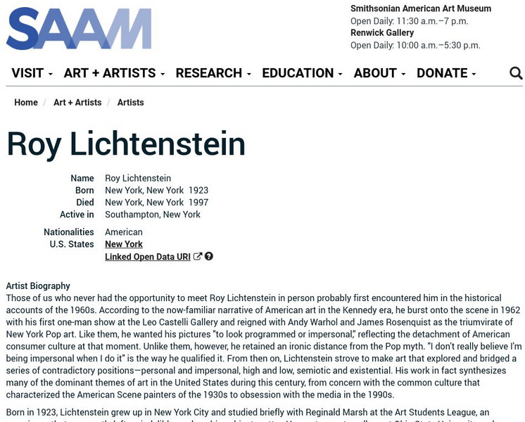 Smithsonian American Art Museum: Roy Lichtenstein Handout Smithsonian American Art Museum: Roy Lichtenstein Handout