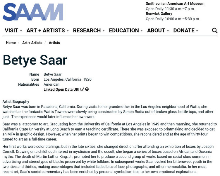 Smithsonian American Art Museum: Betye Saar Handout Smithsonian American Art Museum: Betye Saar Handout