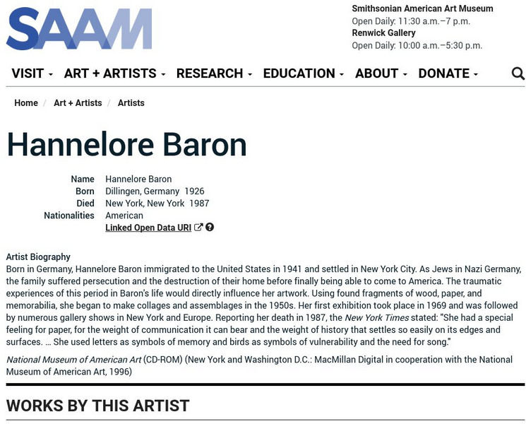 Smithsonian American Art Museum: Hannelore Baron Handout