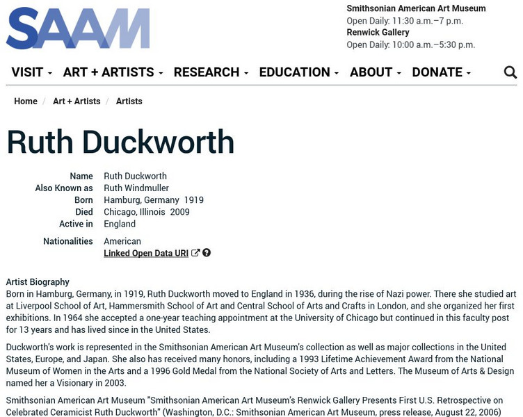 Smithsonian American Art Museum: Ruth Duckworth Handout Smithsonian American Art Museum: Ruth Duckworth Handout