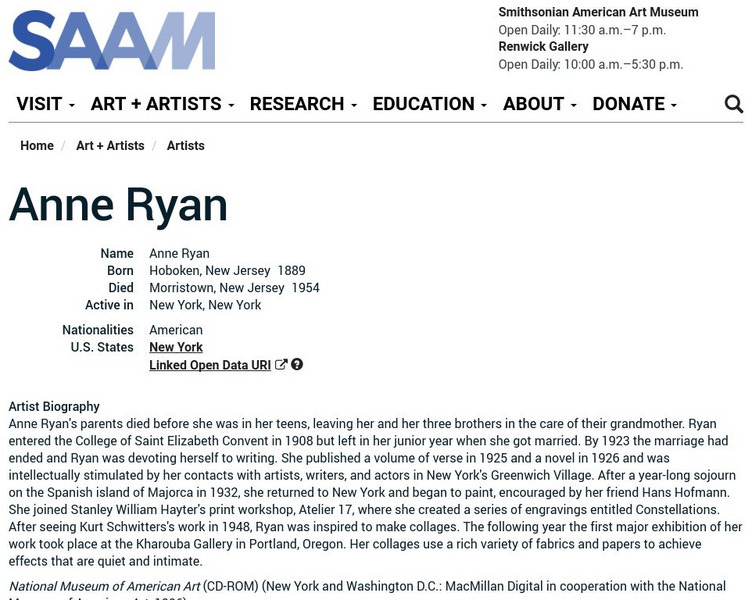 Smithsonian American Art Museum: Anne Ryan Handout Smithsonian American Art Museum: Anne Ryan Handout