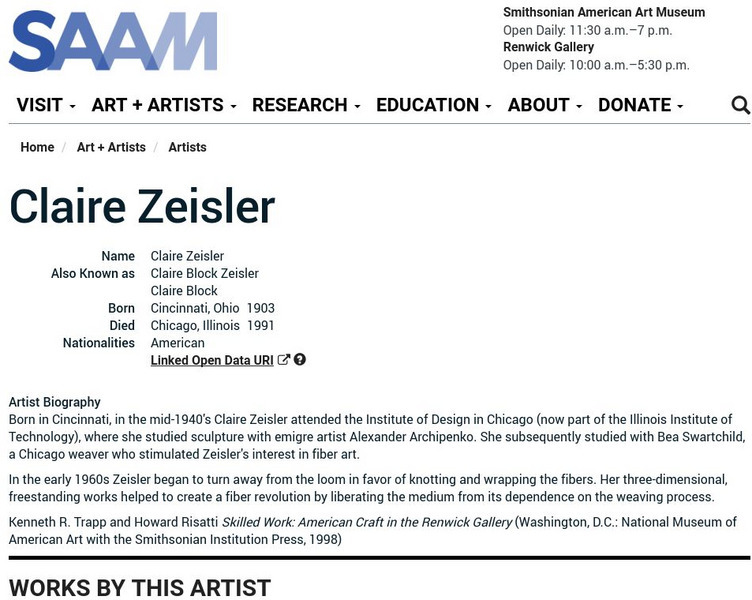 Smithsonian American Art Museum: Claire Zeisler Handout Smithsonian American Art Museum: Claire Zeisler Handout