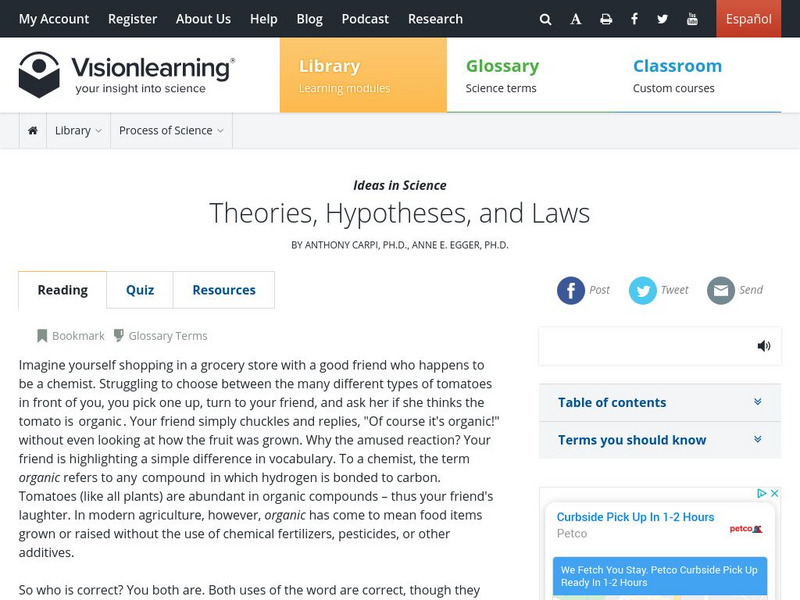 Visionlearning: Ideas in Science: Theories, Hypotheses, and Laws Unit Plan Visionlearning: Ideas in Science: Theories, Hypotheses, and Laws Unit Plan