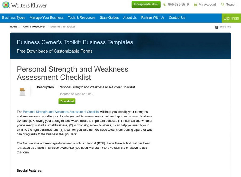 Business Owner's Toolkit: Personal Strength and Weakness Assessment Checklist Activity Business Owner's Toolkit: Personal Strength and Weakness Assessment Checklist Activity
