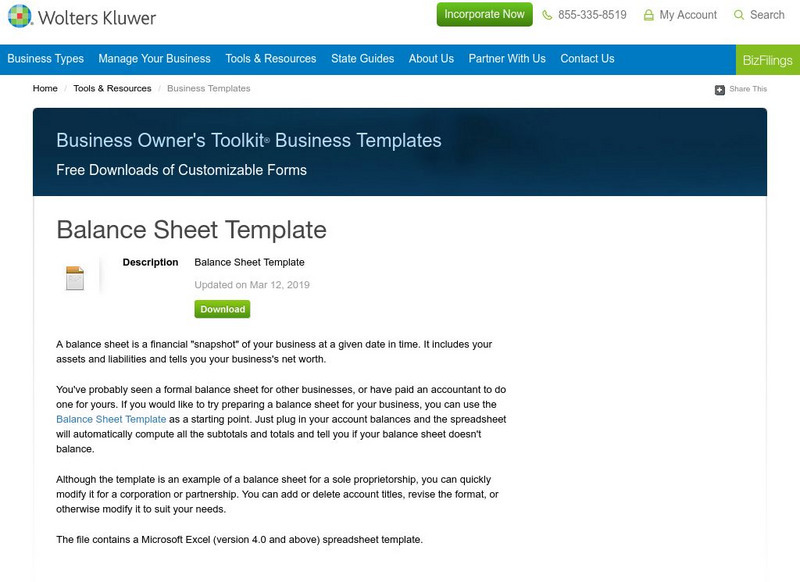Business Owner's Toolkit: Balance Sheet Template Activity Business Owner's Toolkit: Balance Sheet Template Activity
