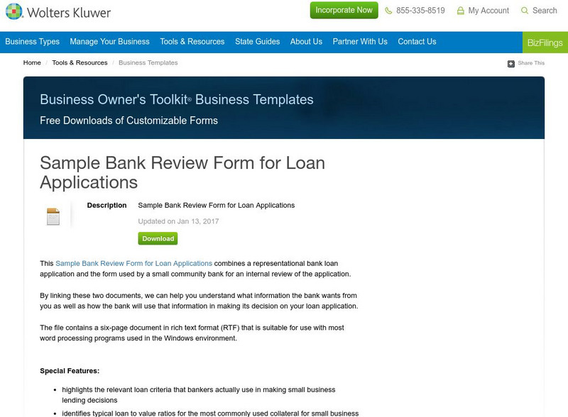 Business Owner's Toolkit: Sample Bank Review Form for Loan Applications Activity