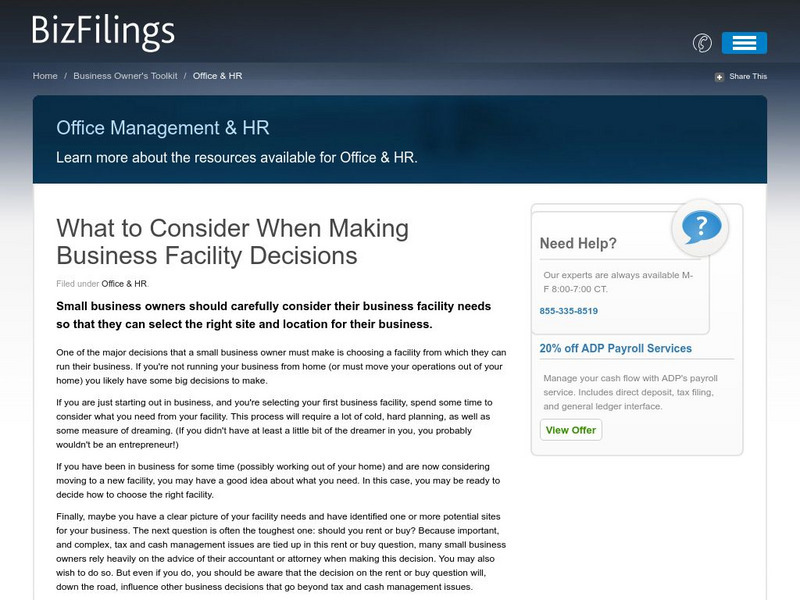 Cch Business Toolkit: What to Consider When Making Business Facility Decisions Article