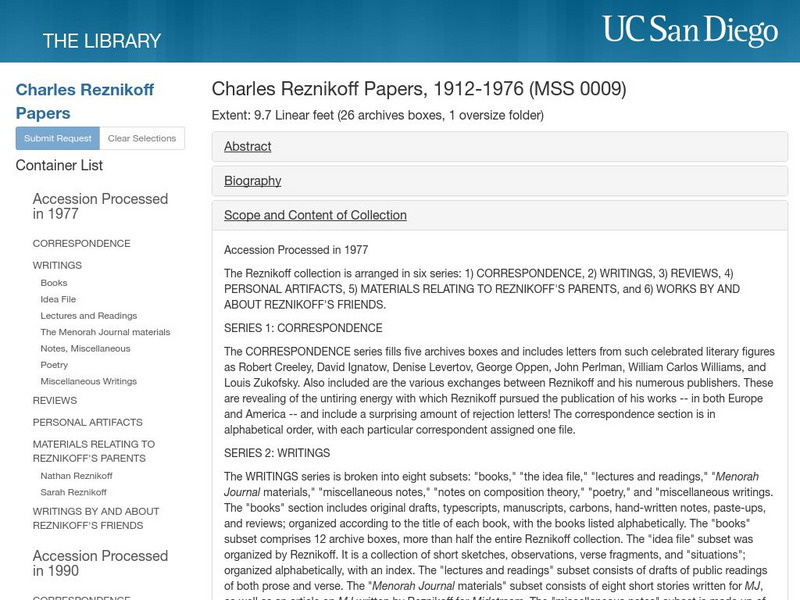Geisel Library: Register of Charles Reznikoff Papers Papers 1912 1976 Website Geisel Library: Register of Charles Reznikoff Papers Papers 1912 1976 Website