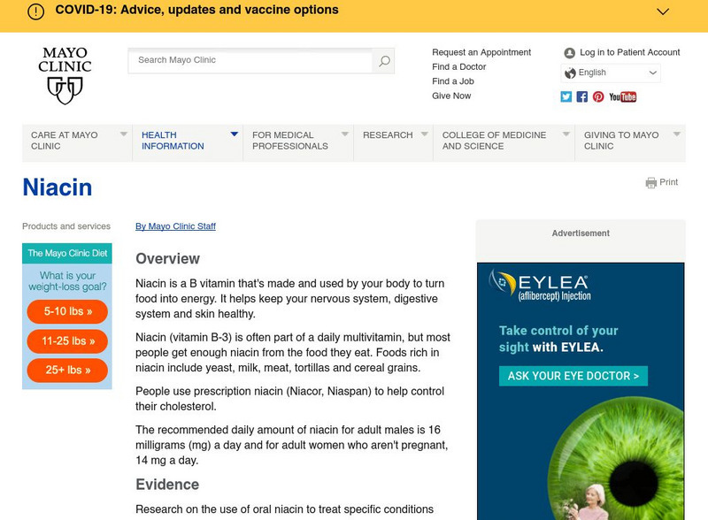 Mayo Clinic: Niacin (Vitamin B3, Nicotinic Acid) Website Mayo Clinic: Niacin (Vitamin B3, Nicotinic Acid) Website