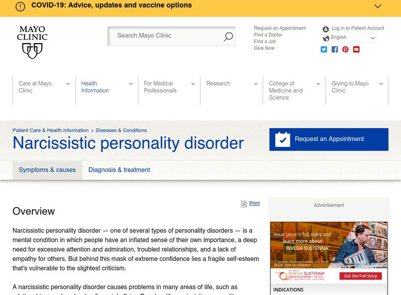 Mayo Clinic: Narcissistic Personality Disorder Article Mayo Clinic: Narcissistic Personality Disorder Article