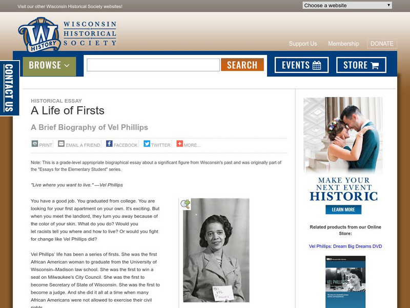 Wisconsin Historical Society: A Life of Firsts: Brief Biography of Vel Phillips Handout Wisconsin Historical Society: A Life of Firsts: Brief Biography of Vel Phillips Handout