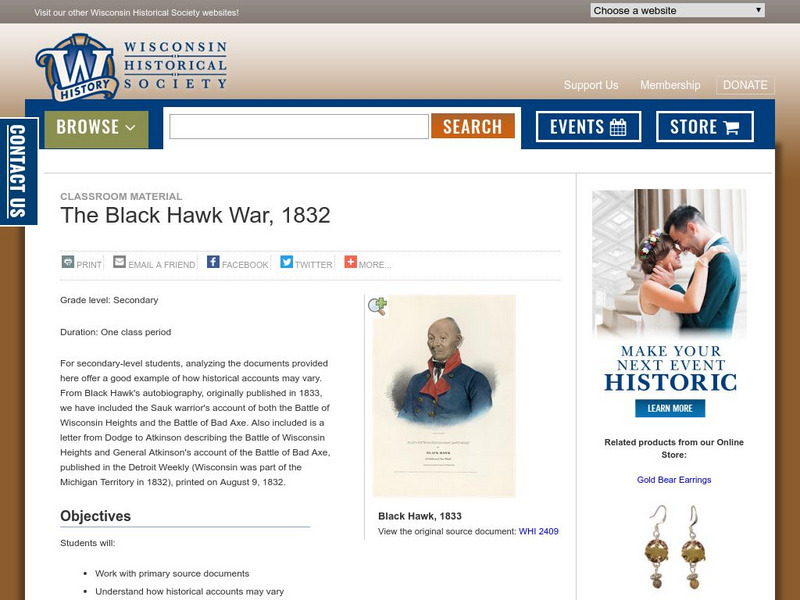 Wisconsin Historical Society: The Black Hawk War, 1832 Lesson Plan