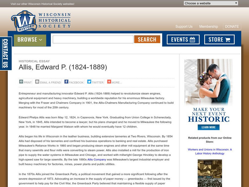 Wisconsin Historical Society: Edward P. Allis (1824 1889) Handout Wisconsin Historical Society: Edward P. Allis (1824 1889) Handout