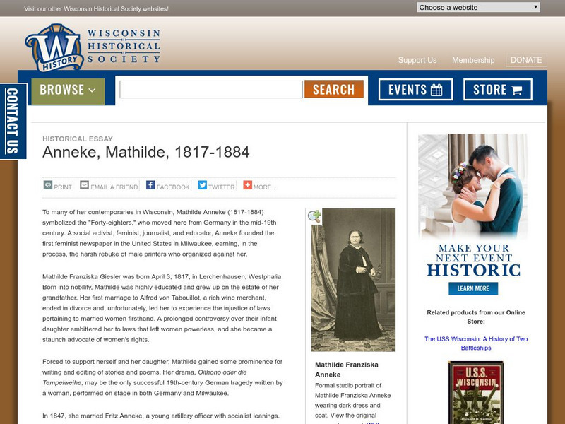 Wisconsin Historical Society: Mathilde Anneke, 1817 1884 Handout Wisconsin Historical Society: Mathilde Anneke, 1817 1884 Handout