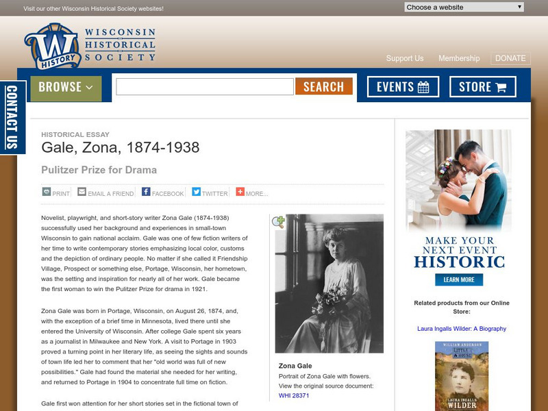 Wisconsin Historical Society: Zona Gale, 1874 1938 Handout Wisconsin Historical Society: Zona Gale, 1874 1938 Handout