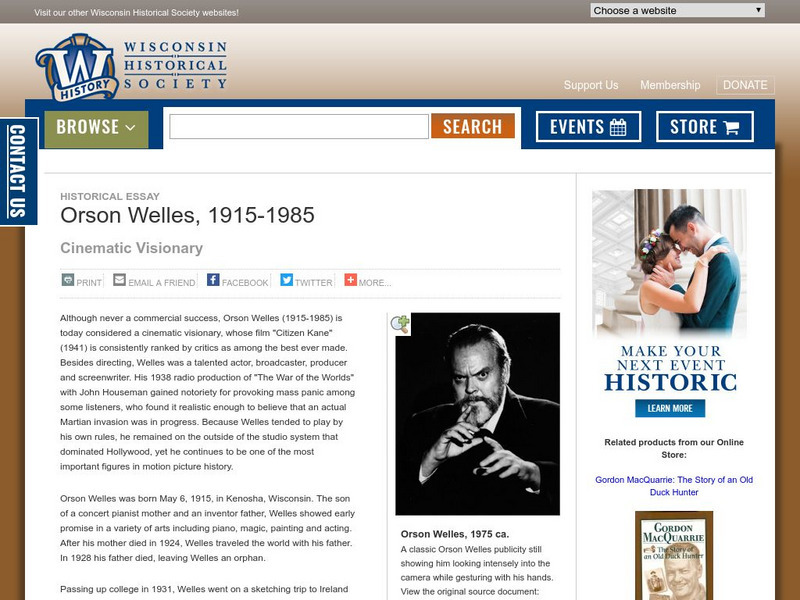 Wisconsin Historical Society: Orson Welles, 1915 1985 Handout Wisconsin Historical Society: Orson Welles, 1915 1985 Handout