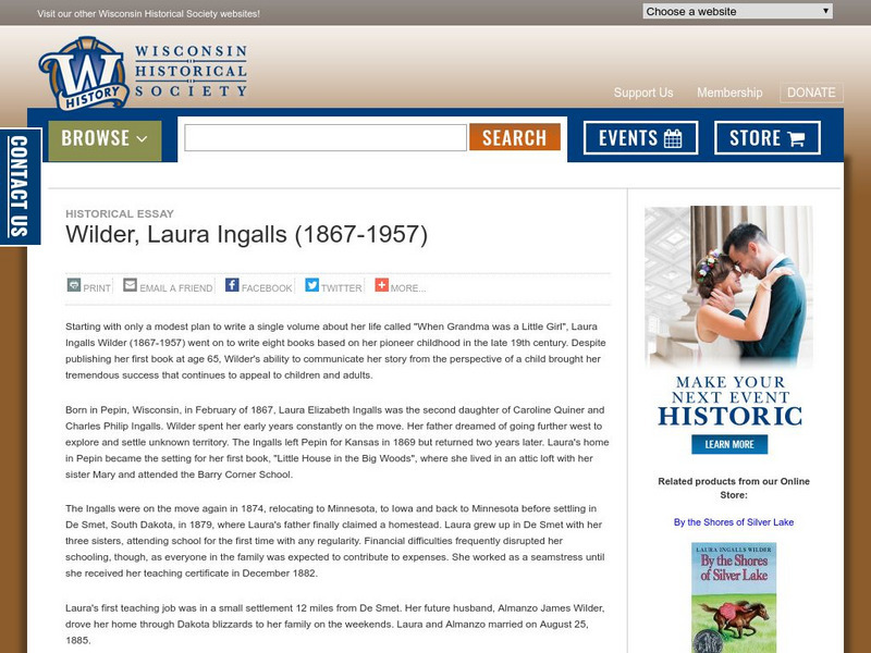 Wisconsin Historical Society: Laura Ingalls Wilder (1867 1957) Website Wisconsin Historical Society: Laura Ingalls Wilder (1867 1957) Website