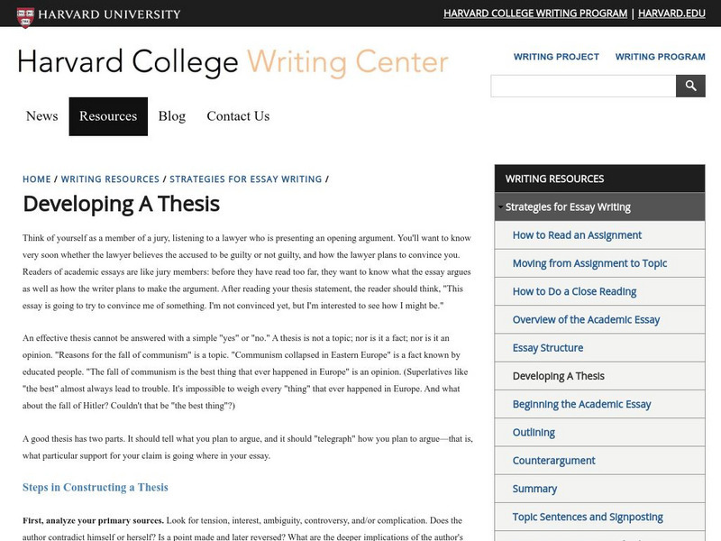 Harvard College Writing Center: Developing a Thesis Handout Harvard College Writing Center: Developing a Thesis Handout