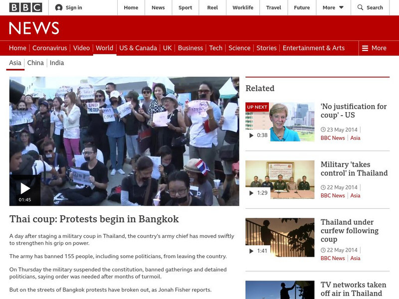 Bbc News: Week of 5 26 14: Thai Coup: Protests Begin in Bangkok Article